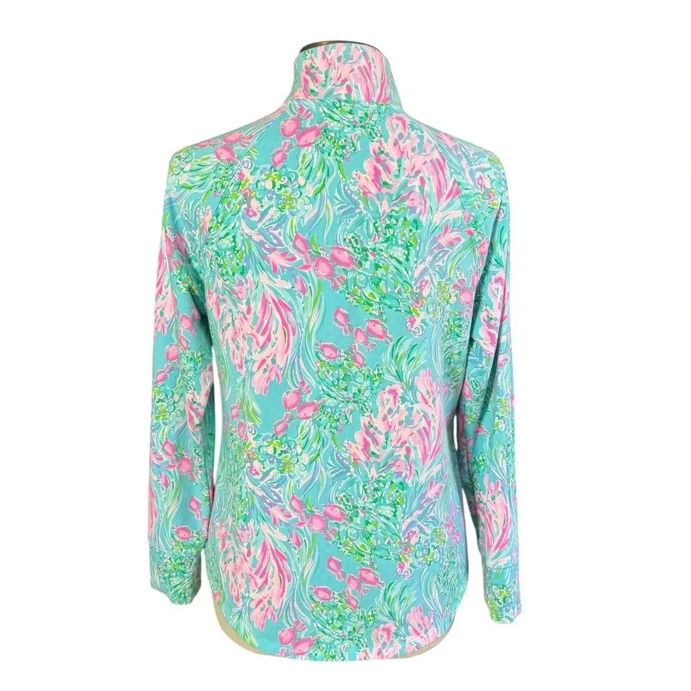 Lilly Pulitzer Womens Turquoise Pink Coral Print Quarter Zip Pullover Large - Picture 4 of 9
